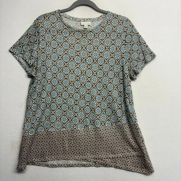 J Jill Love 100% Linen Tunic Blouse Blue Brown Printed M - Picture 1 of 7